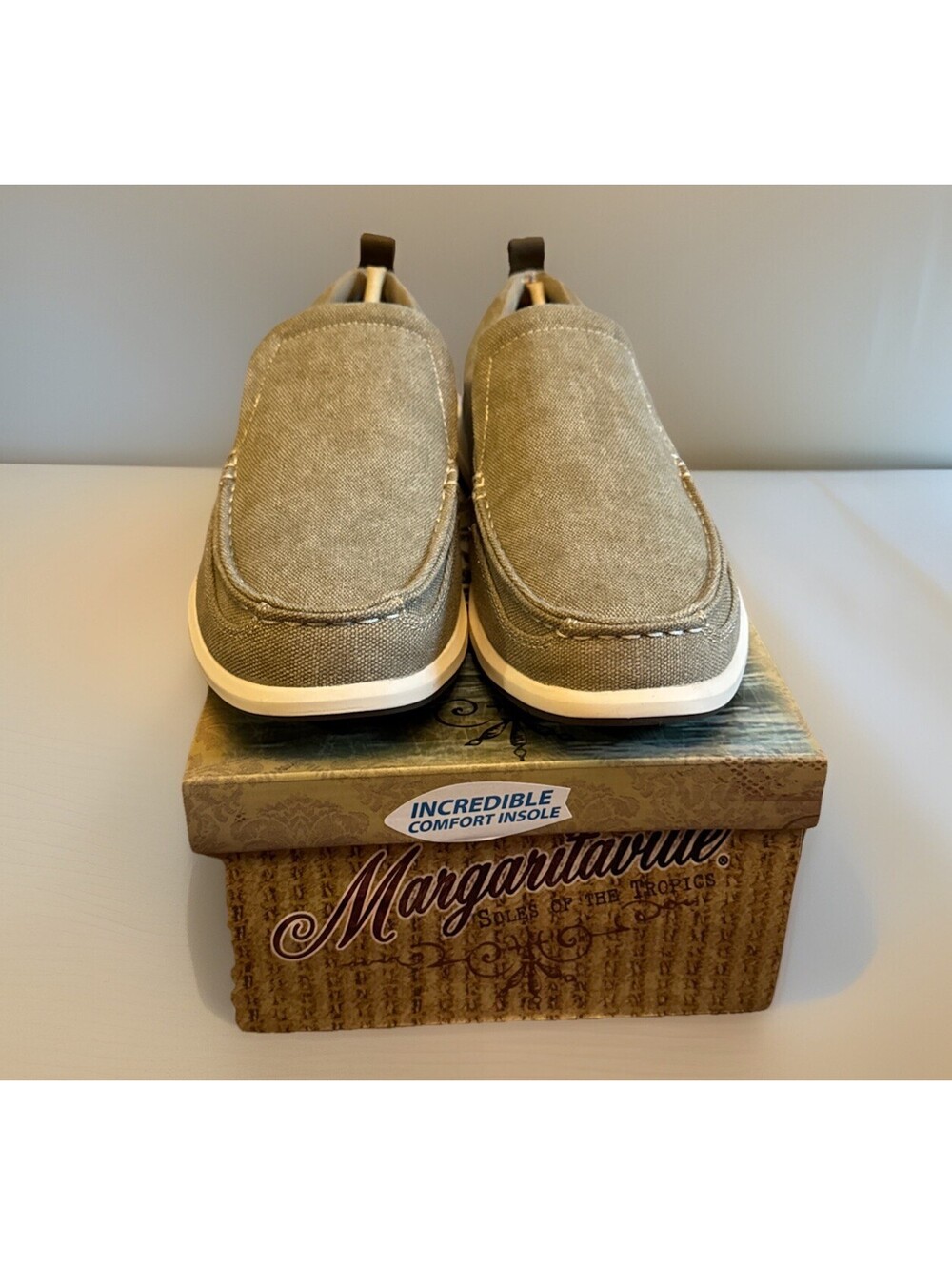 New In Box Margaritaville Marina Canvas Khaki Slip On Men’s Shoes Size 11.5 - Picture 3 of 5